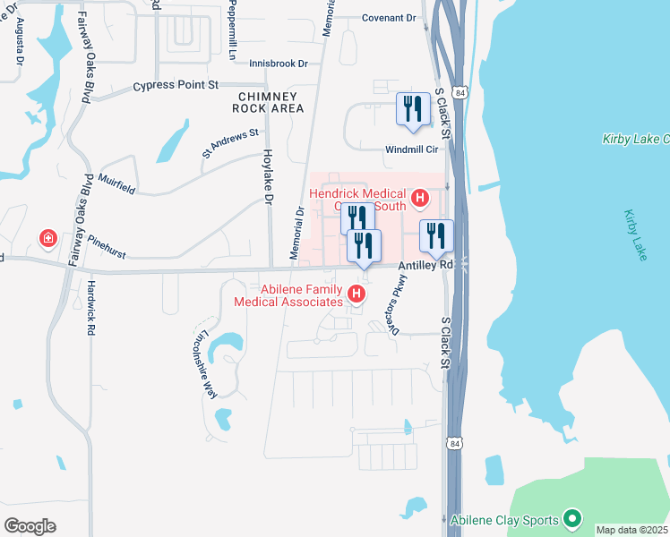 map of restaurants, bars, coffee shops, grocery stores, and more near 6500 Central Park Boulevard in Abilene