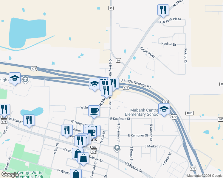 map of restaurants, bars, coffee shops, grocery stores, and more near 18957 U.S. 175 Frontage Road in Mabank