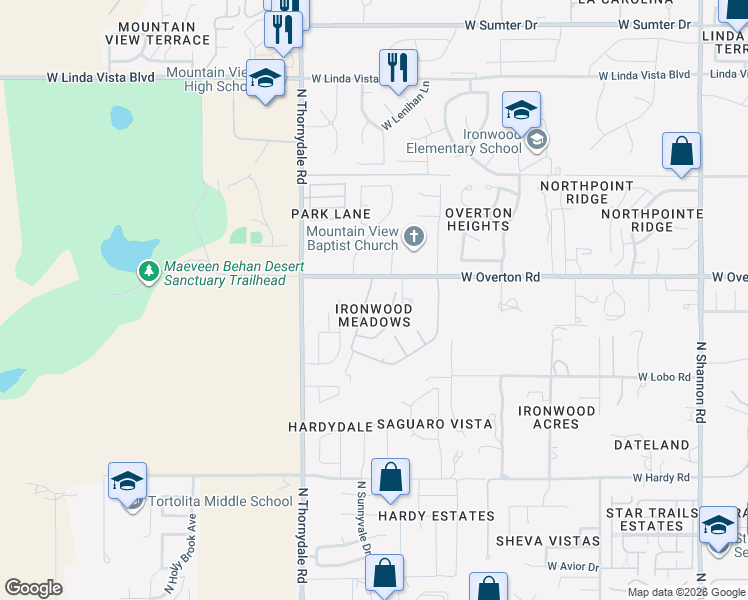 map of restaurants, bars, coffee shops, grocery stores, and more near 9180 North Ironwood Meadows Drive in Tucson