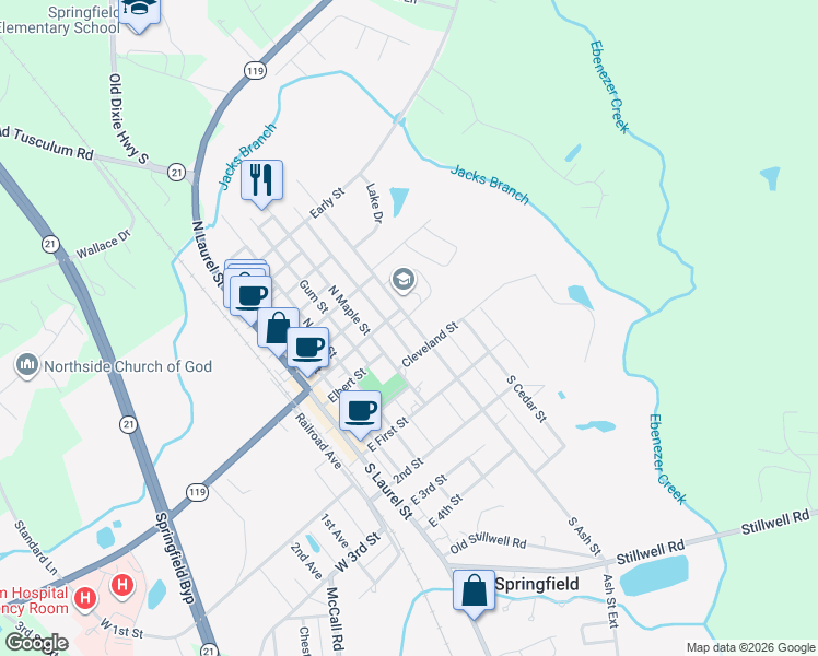 map of restaurants, bars, coffee shops, grocery stores, and more near 302 North Ash Street in Springfield