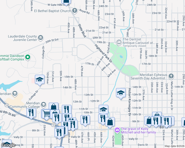 map of restaurants, bars, coffee shops, grocery stores, and more near 1515 45th Avenue in Meridian