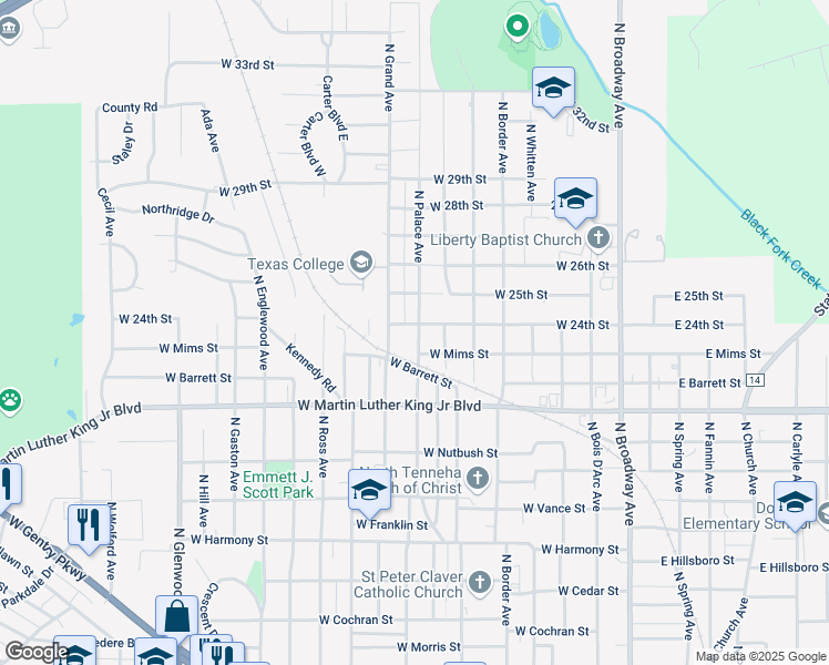 map of restaurants, bars, coffee shops, grocery stores, and more near 924 West 24th Street in Tyler
