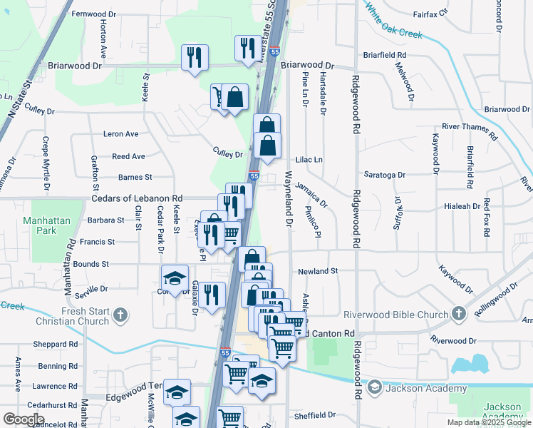 map of restaurants, bars, coffee shops, grocery stores, and more near 5354 Interstate 55 in Jackson