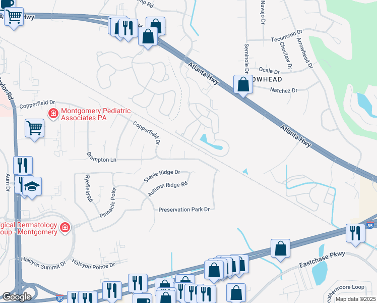 map of restaurants, bars, coffee shops, grocery stores, and more near 7305 Senderson Court in Montgomery