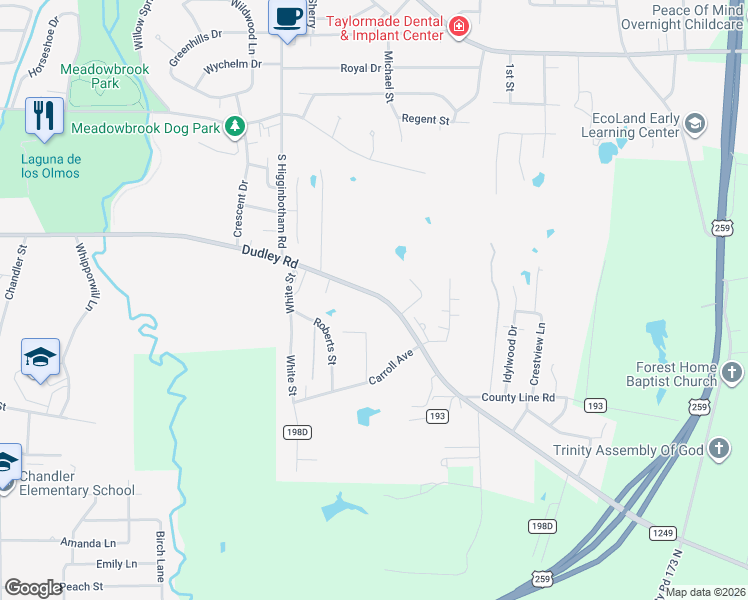 map of restaurants, bars, coffee shops, grocery stores, and more near 3004 Dudley Road in Kilgore