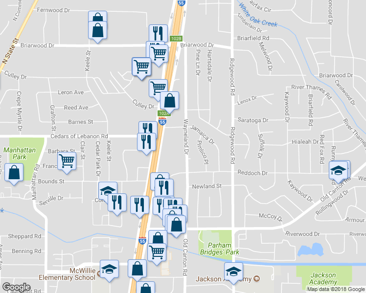 map of restaurants, bars, coffee shops, grocery stores, and more near 5253 Wayneland Drive in Jackson