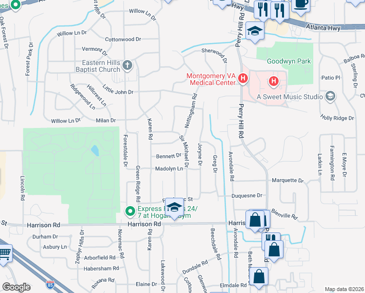 map of restaurants, bars, coffee shops, grocery stores, and more near 610 Sir Michael Drive in Montgomery