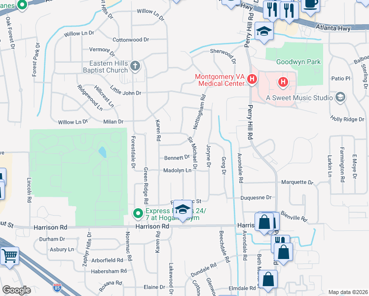 map of restaurants, bars, coffee shops, grocery stores, and more near 610 Sir Michael Drive in Montgomery