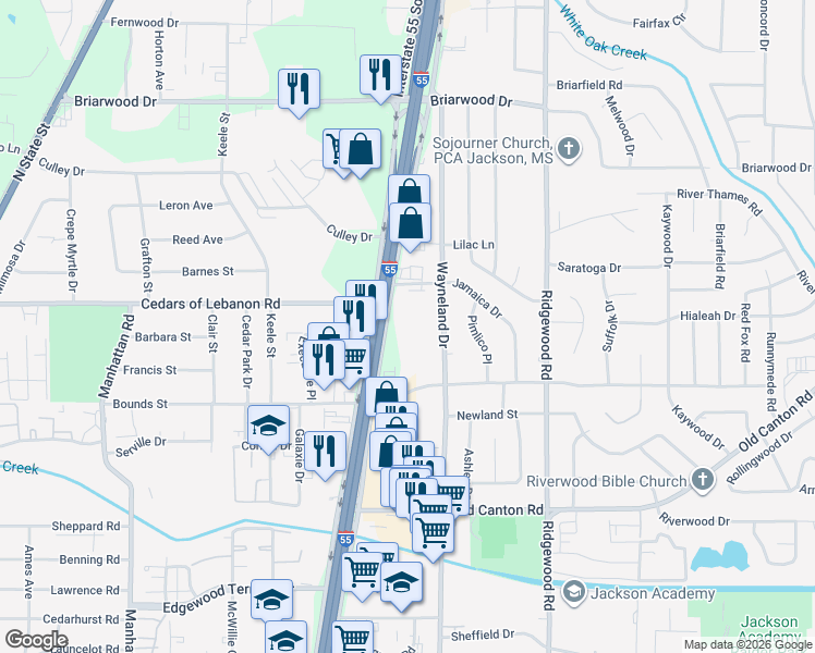 map of restaurants, bars, coffee shops, grocery stores, and more near 5354 Interstate 55 in Jackson