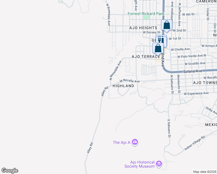 map of restaurants, bars, coffee shops, grocery stores, and more near 1910 West Rocalla Avenue in Ajo