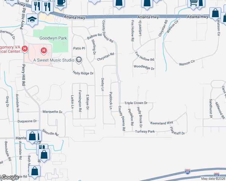 map of restaurants, bars, coffee shops, grocery stores, and more near 425 Paddock Lane in Montgomery