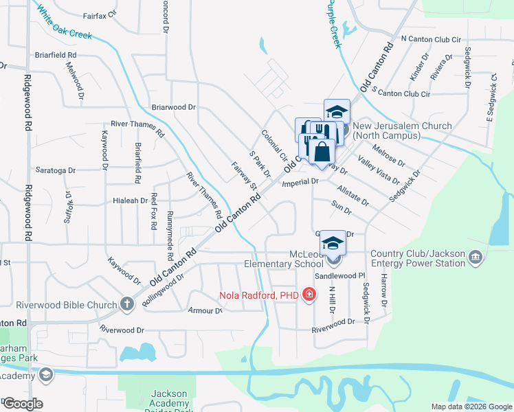 map of restaurants, bars, coffee shops, grocery stores, and more near 1305 Woodcrest Drive in Jackson
