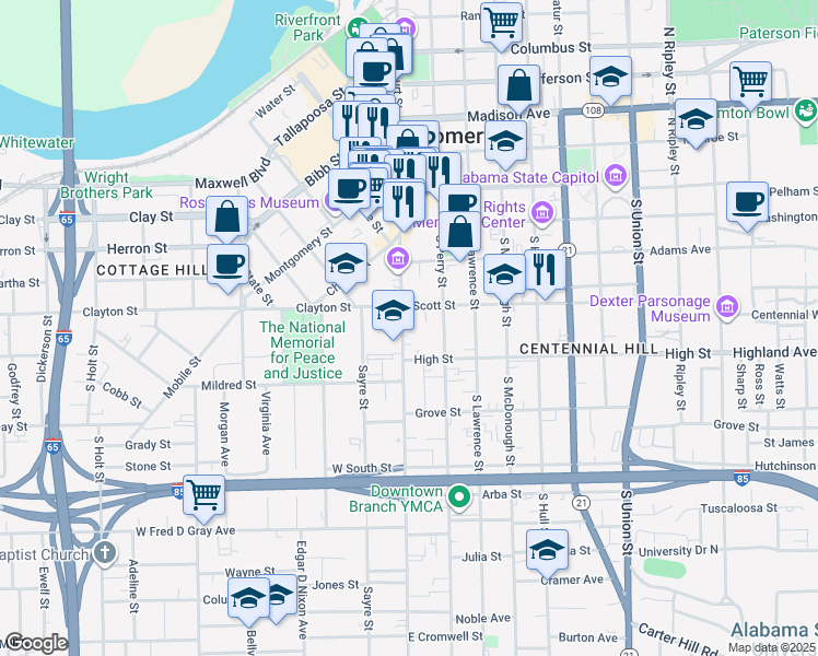 map of restaurants, bars, coffee shops, grocery stores, and more near 431 South Court Street in Montgomery