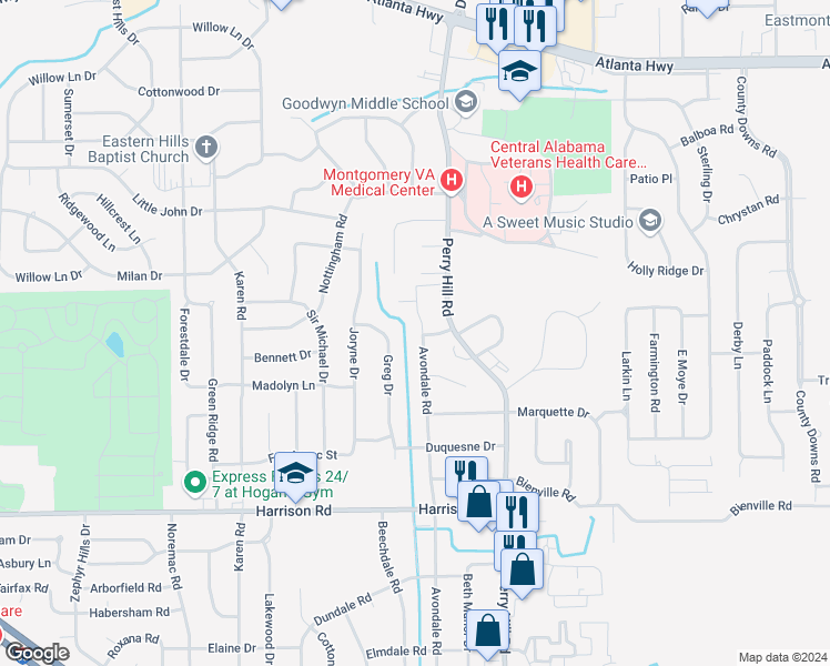 map of restaurants, bars, coffee shops, grocery stores, and more near 460 Avondale Road in Montgomery