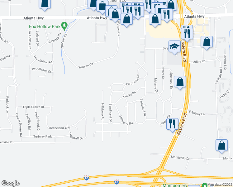 map of restaurants, bars, coffee shops, grocery stores, and more near 5218 Cochran Circle in Montgomery