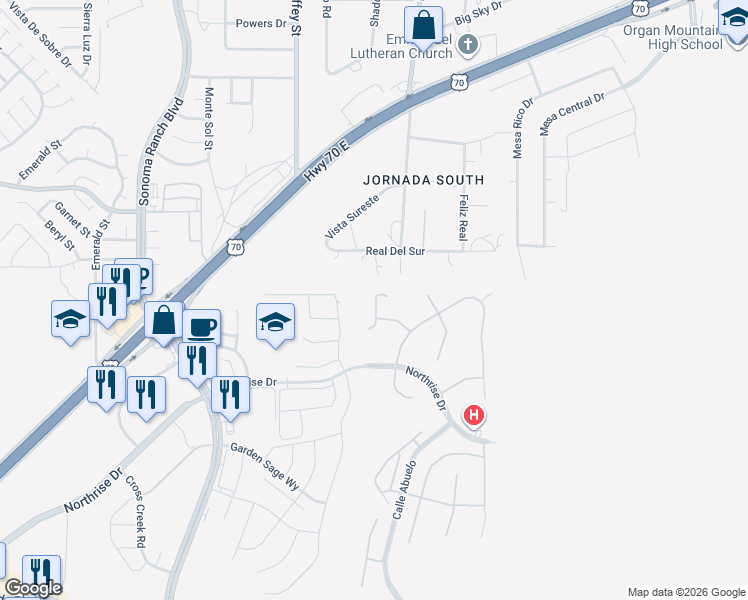 map of restaurants, bars, coffee shops, grocery stores, and more near 5187 Picuris Court in Las Cruces