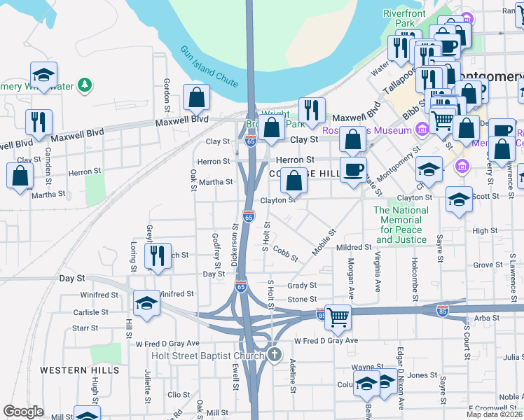map of restaurants, bars, coffee shops, grocery stores, and more near 3 Dickerson Street in Montgomery