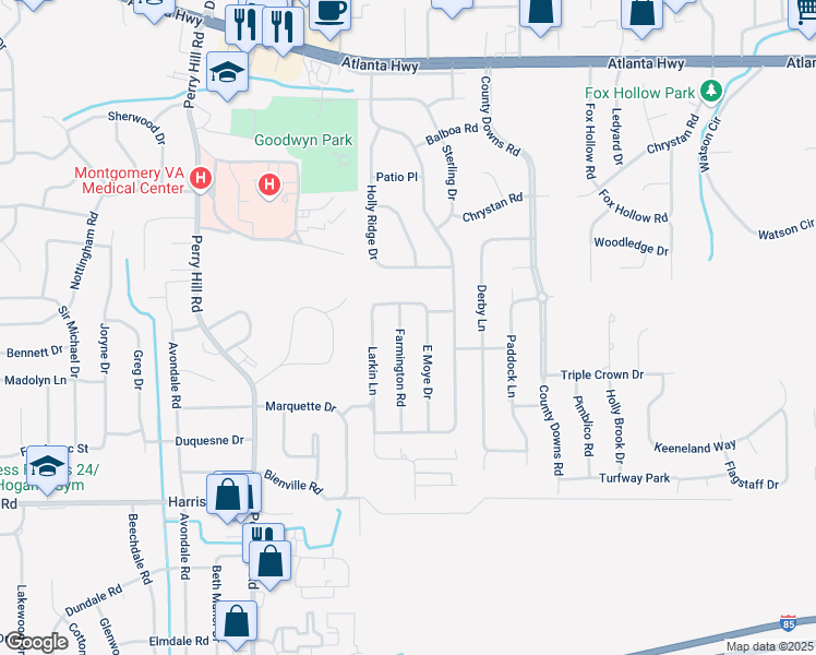 map of restaurants, bars, coffee shops, grocery stores, and more near 513 Farmington Road in Montgomery