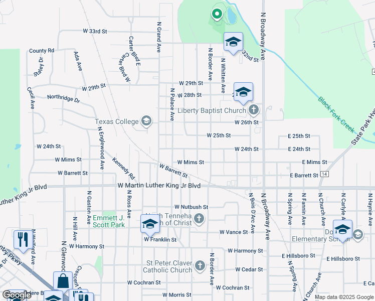 map of restaurants, bars, coffee shops, grocery stores, and more near 712 West 24th Street in Tyler