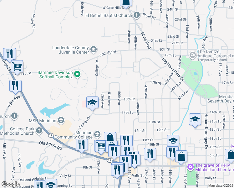 map of restaurants, bars, coffee shops, grocery stores, and more near 1515 50th Avenue in Meridian