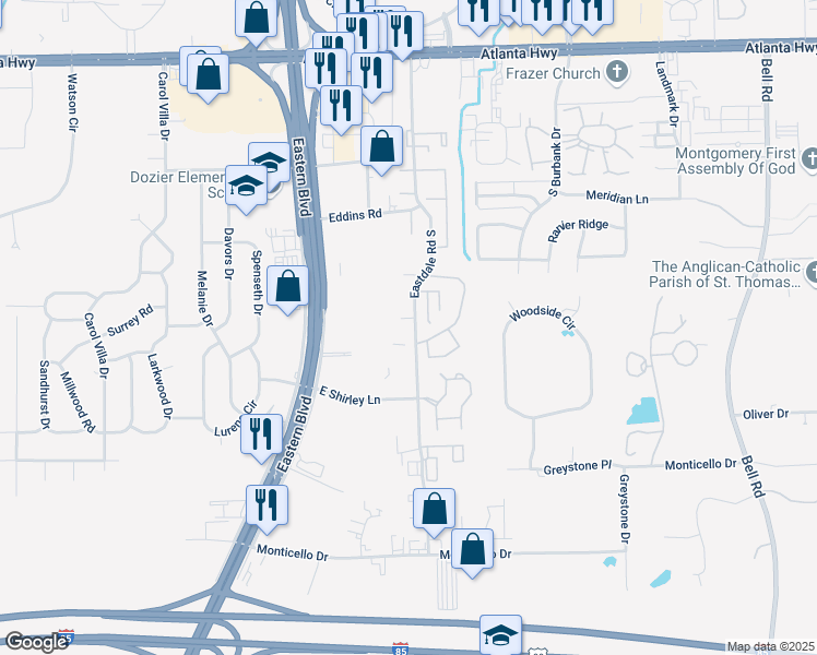 map of restaurants, bars, coffee shops, grocery stores, and more near 472 Eastdale Road South in Montgomery