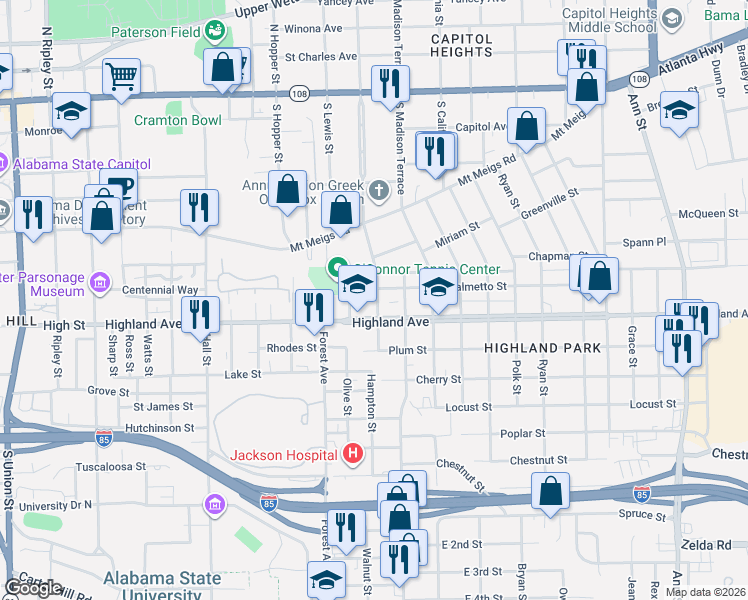 map of restaurants, bars, coffee shops, grocery stores, and more near 606 South Capitol Parkway in Montgomery