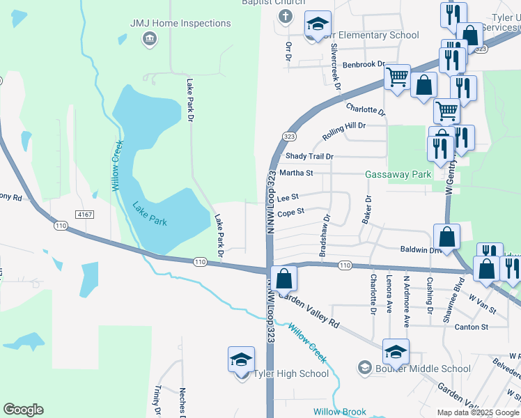 map of restaurants, bars, coffee shops, grocery stores, and more near 1950 North Northwest Loop 323 in Tyler