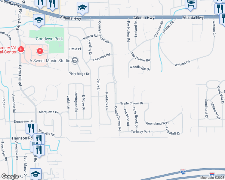 map of restaurants, bars, coffee shops, grocery stores, and more near 425 Paddock Lane in Montgomery