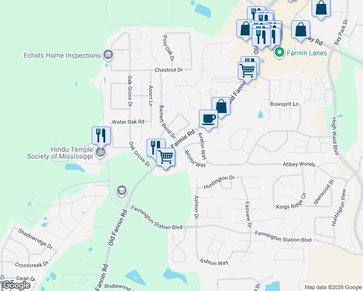 map of restaurants, bars, coffee shops, grocery stores, and more near 110 Queens Wood in Brandon