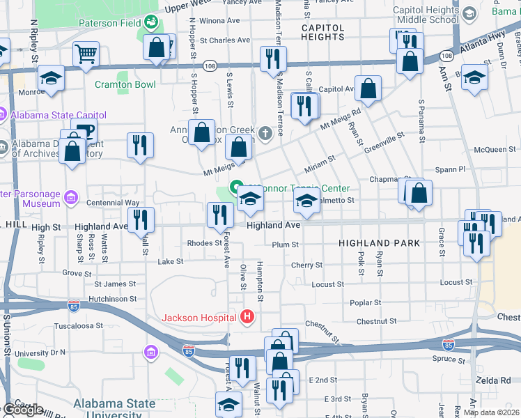map of restaurants, bars, coffee shops, grocery stores, and more near 606 South Capitol Parkway in Montgomery