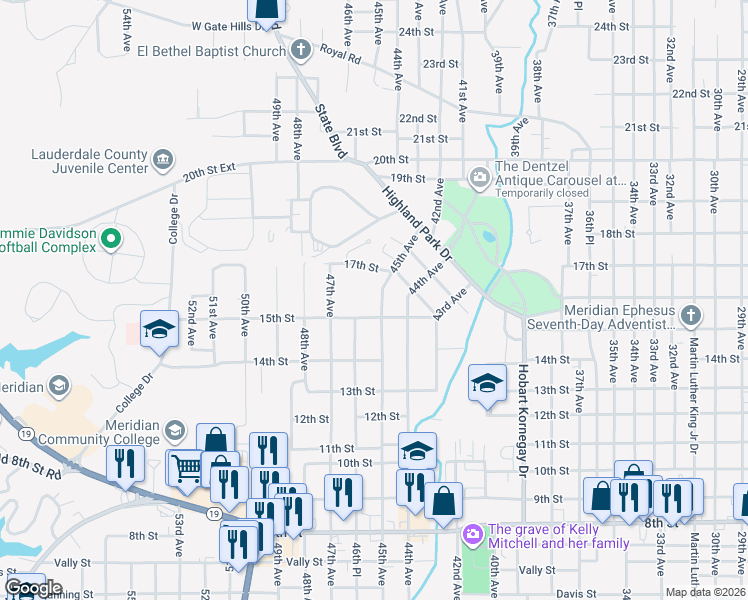 map of restaurants, bars, coffee shops, grocery stores, and more near 1515 45th Avenue in Meridian