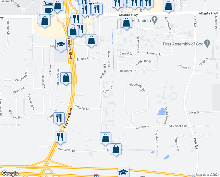 map of restaurants, bars, coffee shops, grocery stores, and more near 500 Eastdale Road South in Montgomery