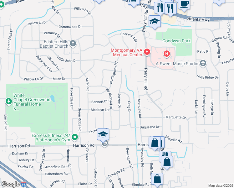 map of restaurants, bars, coffee shops, grocery stores, and more near 703 Joryne Drive in Montgomery