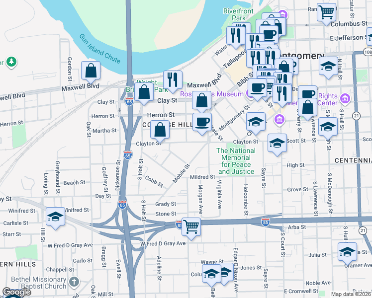 map of restaurants, bars, coffee shops, grocery stores, and more near 505 Clayton Street in Montgomery