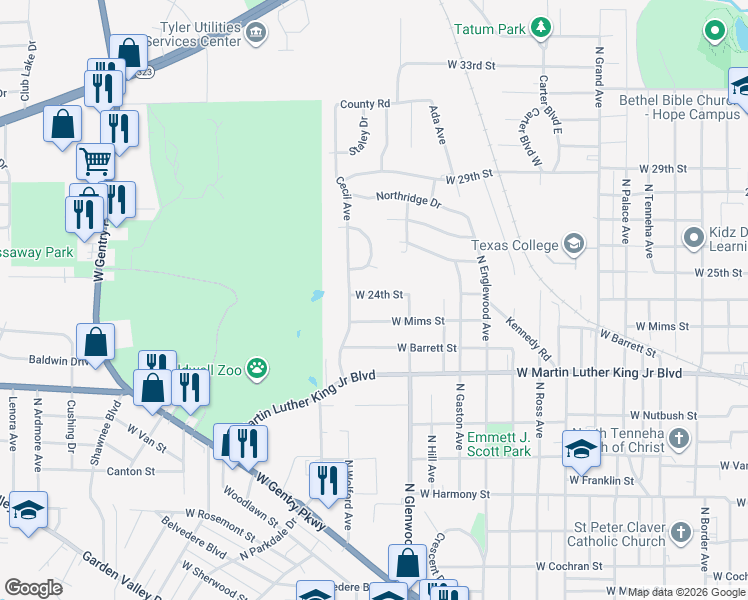 map of restaurants, bars, coffee shops, grocery stores, and more near 1804 West 24th Street in Tyler