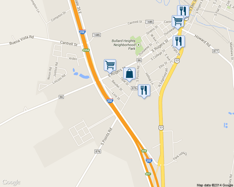 map of restaurants, bars, coffee shops, grocery stores, and more near 213 Lois Street in Waxahachie