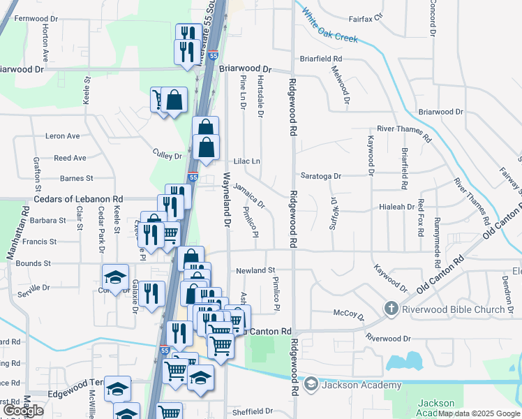 map of restaurants, bars, coffee shops, grocery stores, and more near 5353 Jamaica Dr in Jackson