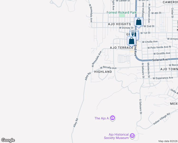 map of restaurants, bars, coffee shops, grocery stores, and more near 1910 West Rocalla Avenue in Ajo