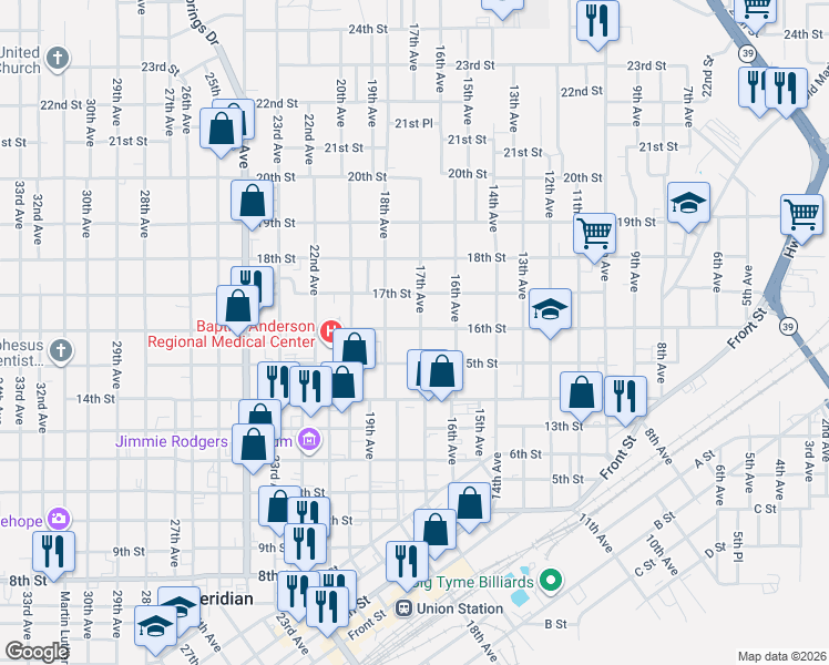 map of restaurants, bars, coffee shops, grocery stores, and more near 1527 17th Avenue in Meridian