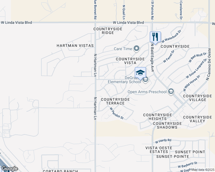 map of restaurants, bars, coffee shops, grocery stores, and more near 5311 West Fireopal Way in Tucson