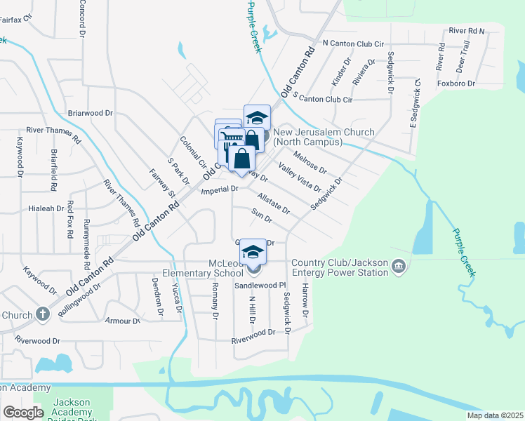 map of restaurants, bars, coffee shops, grocery stores, and more near 240 Sun Drive in Jackson