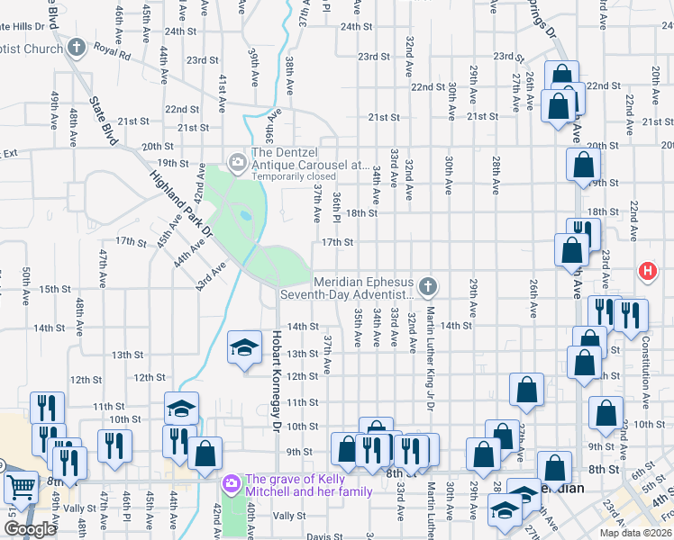 map of restaurants, bars, coffee shops, grocery stores, and more near 3601 16th Street in Meridian