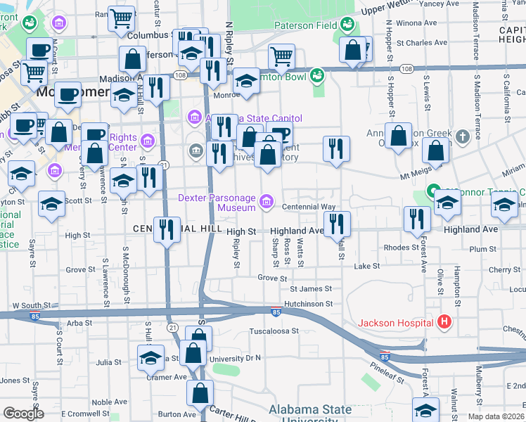 map of restaurants, bars, coffee shops, grocery stores, and more near 309 South Jackson Street in Montgomery