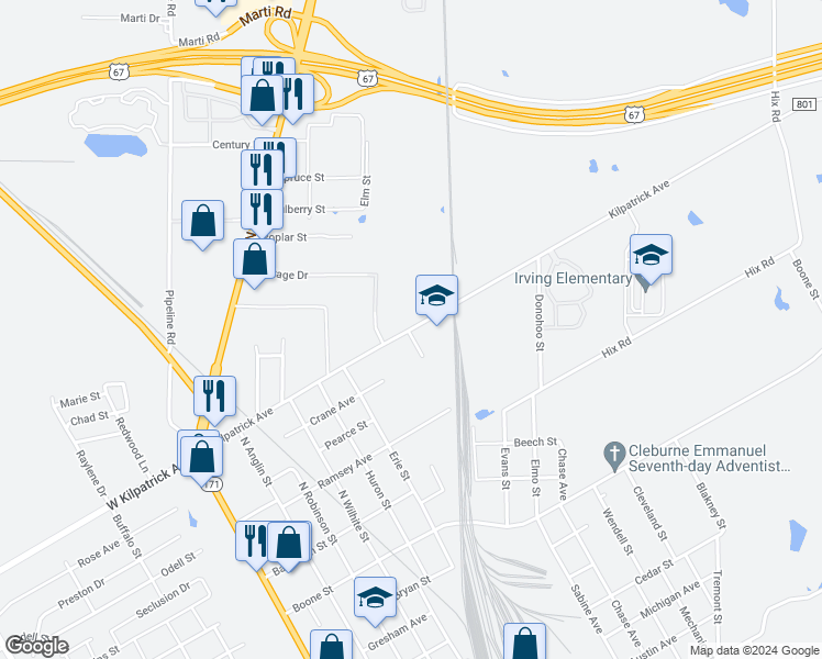 map of restaurants, bars, coffee shops, grocery stores, and more near 1100 East Kilpatrick Street in Cleburne