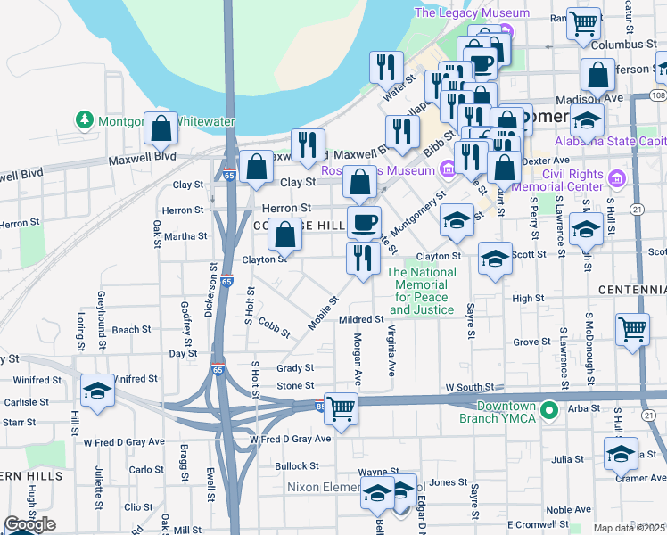 map of restaurants, bars, coffee shops, grocery stores, and more near 501 Clayton Street in Montgomery