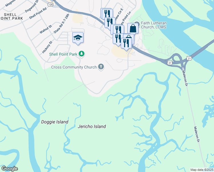map of restaurants, bars, coffee shops, grocery stores, and more near 404 Broad River Drive in Beaufort