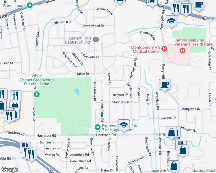 map of restaurants, bars, coffee shops, grocery stores, and more near 720 Karen Road in Montgomery