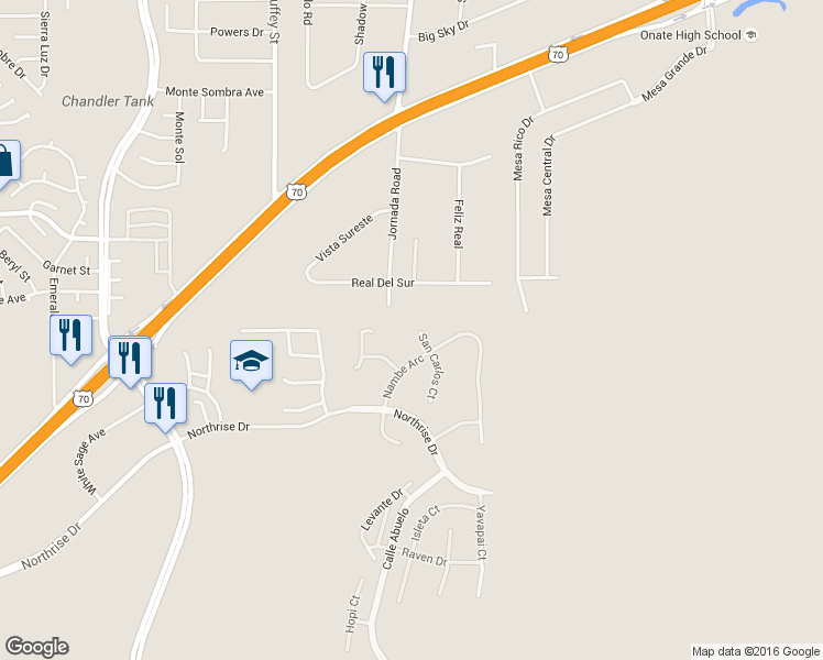 map of restaurants, bars, coffee shops, grocery stores, and more near 5193 San Carlos Court in Las Cruces