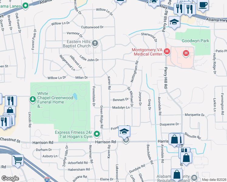map of restaurants, bars, coffee shops, grocery stores, and more near 720 Karen Road in Montgomery