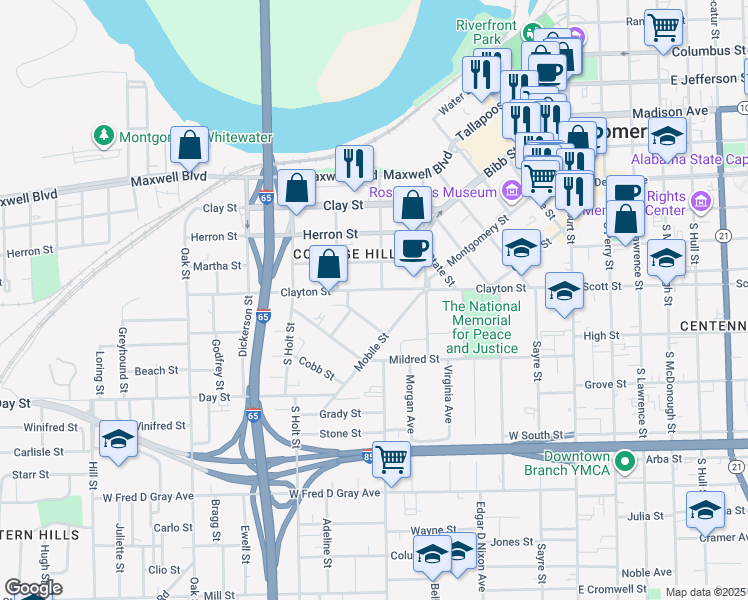 map of restaurants, bars, coffee shops, grocery stores, and more near 501 Clayton Street in Montgomery